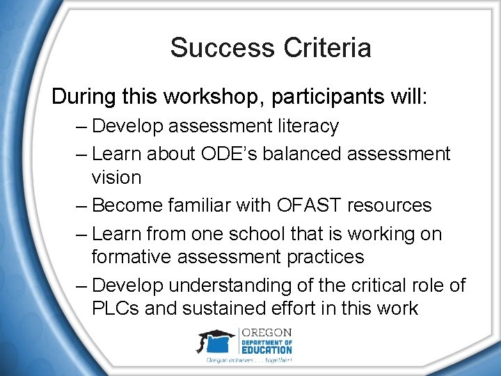 Success Criteria During this workshop, participants will: – Develop assessment literacy – Learn about