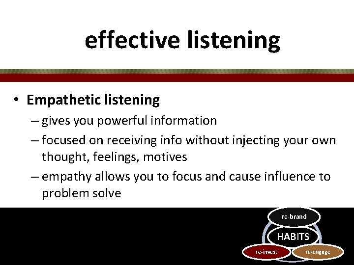 effective listening • Empathetic listening – gives you powerful information – focused on receiving