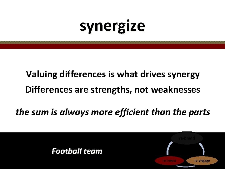 synergize Valuing differences is what drives synergy Differences are strengths, not weaknesses the sum