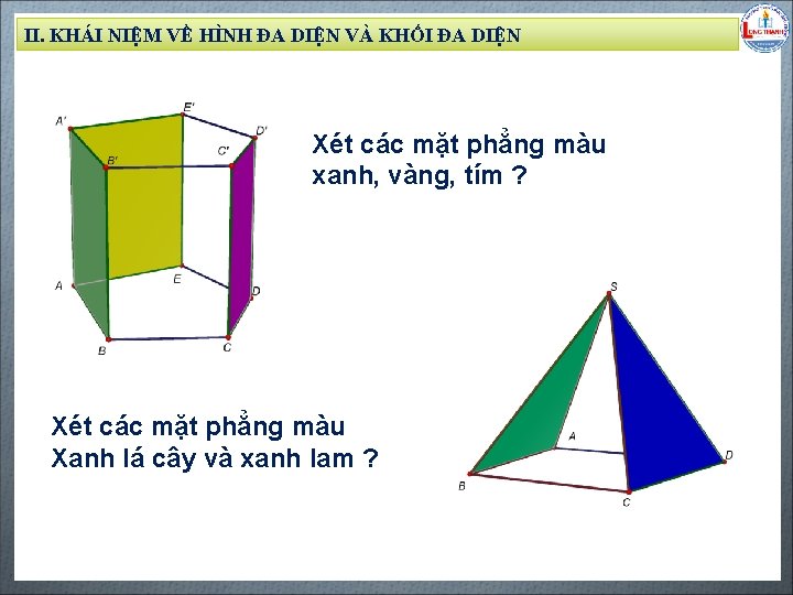 II. KHÁI NIỆM VỀ HÌNH ĐA DIỆN VÀ KHỐI ĐA DIỆN Xét các mặt II. KHÁI NIỆM VỀ HÌNH ĐA DIỆN VÀ KHỐI ĐA DIỆN Xét các mặt
