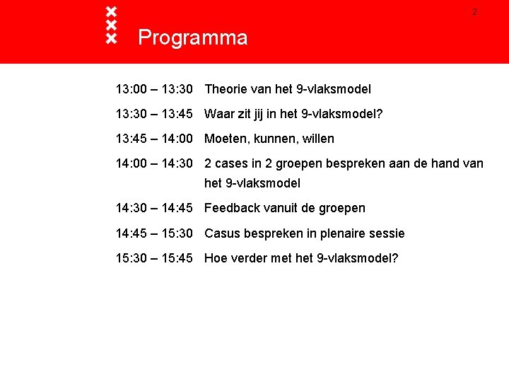 2 Programma 13: 00 – 13: 30 Theorie van het 9 -vlaksmodel 13: 30