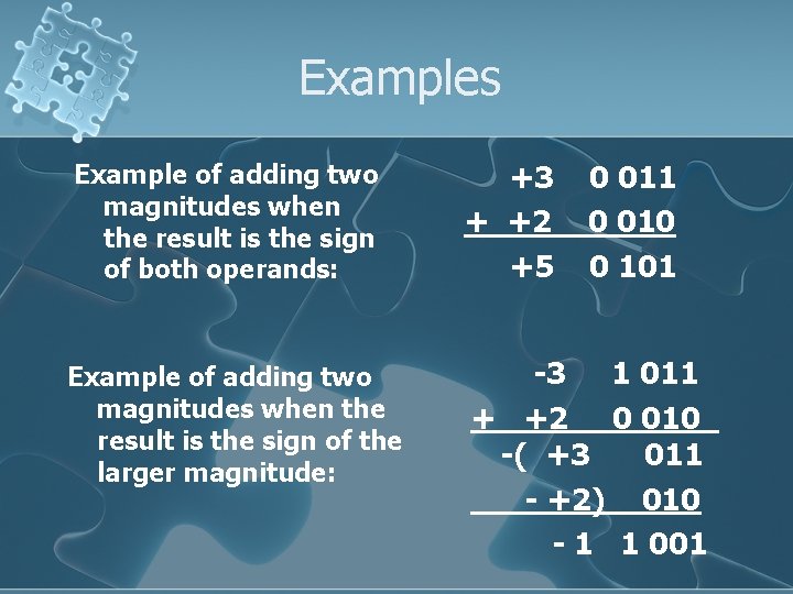 Examples Example of adding two magnitudes when the result is the sign of both