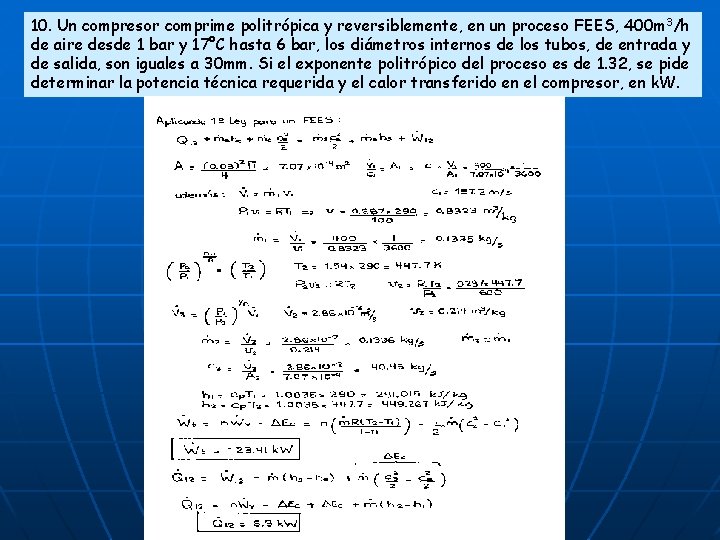 10. Un compresor comprime politrópica y reversiblemente, en un proceso FEES, 400 m 3/h