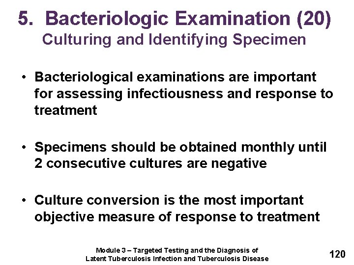 5. Bacteriologic Examination (20) Culturing and Identifying Specimen • Bacteriological examinations are important for