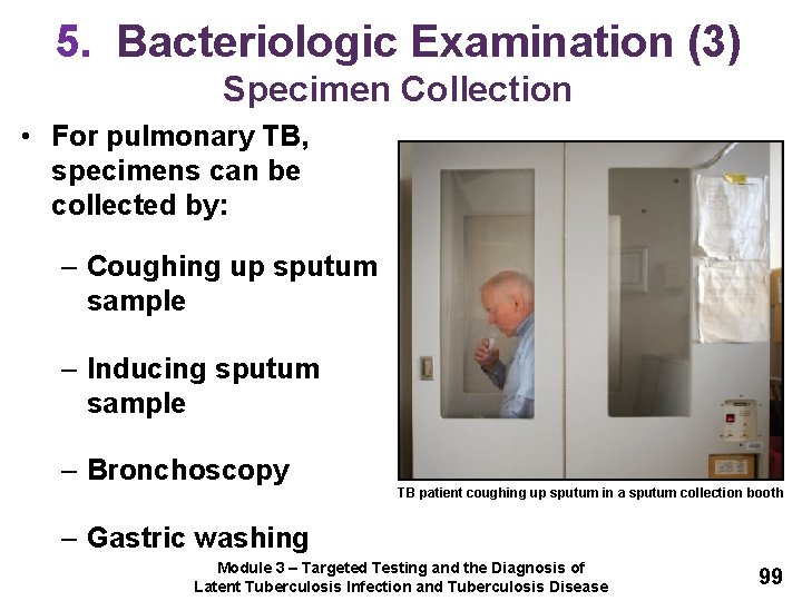 5. Bacteriologic Examination (3) Specimen Collection • For pulmonary TB, specimens can be collected