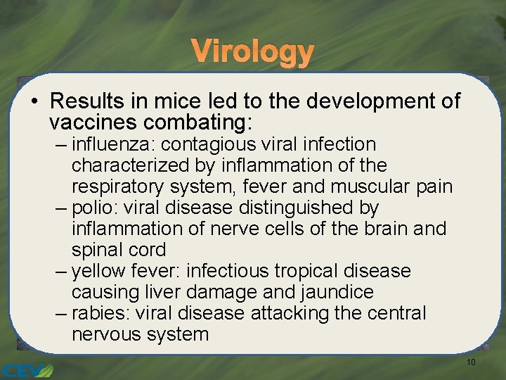 Virology • Results in mice led to the development of vaccines combating: – influenza: