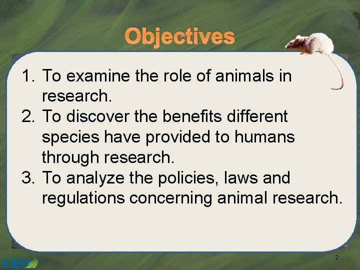 Objectives 1. To examine the role of animals in research. 2. To discover the