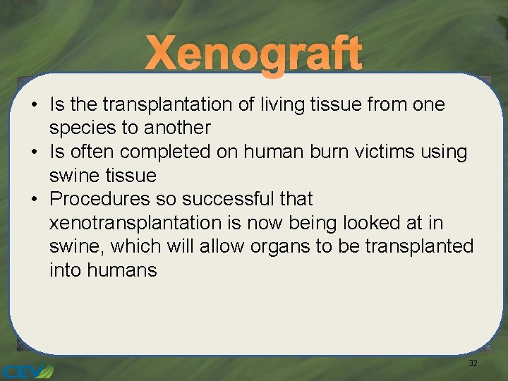 Xenograft • Is the transplantation of living tissue from one species to another •