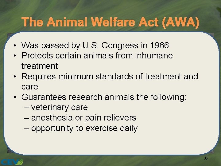 The Animal Welfare Act (AWA) • Was passed by U. S. Congress in 1966