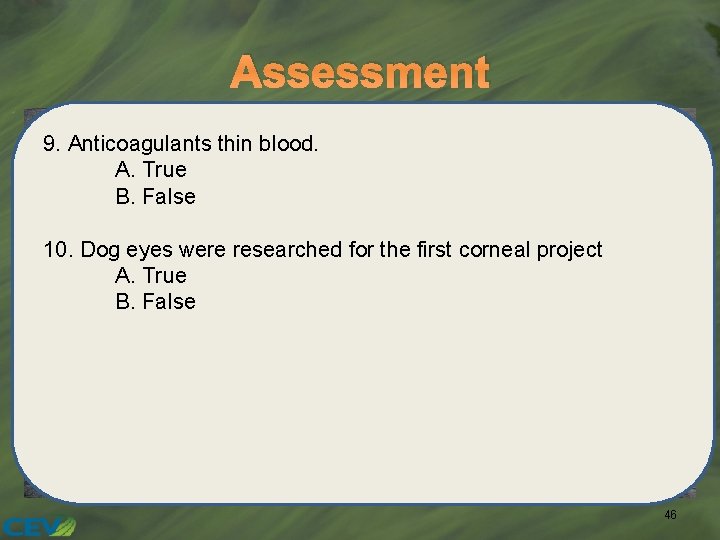 Assessment 9. Anticoagulants thin blood. A. True B. False 10. Dog eyes were researched