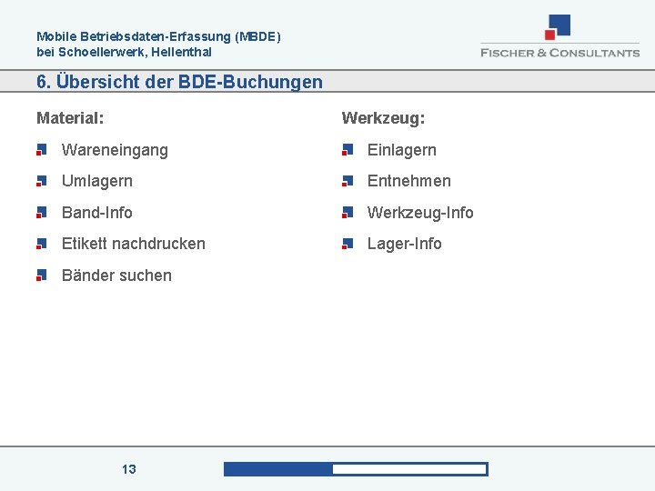 Mobile Betriebsdaten-Erfassung (MBDE) bei Schoellerwerk, Hellenthal 6. Übersicht der BDE-Buchungen Material: Werkzeug: Wareneingang Einlagern