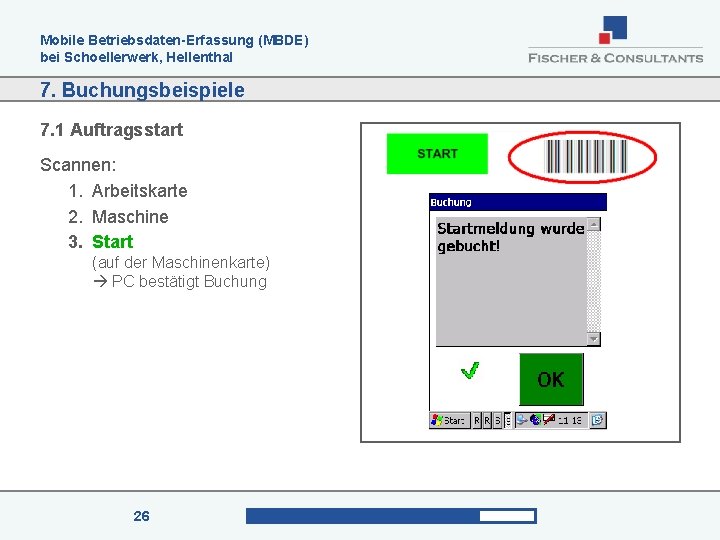 Mobile Betriebsdaten-Erfassung (MBDE) bei Schoellerwerk, Hellenthal 7. Buchungsbeispiele 7. 1 Auftragsstart Scannen: 1. Arbeitskarte