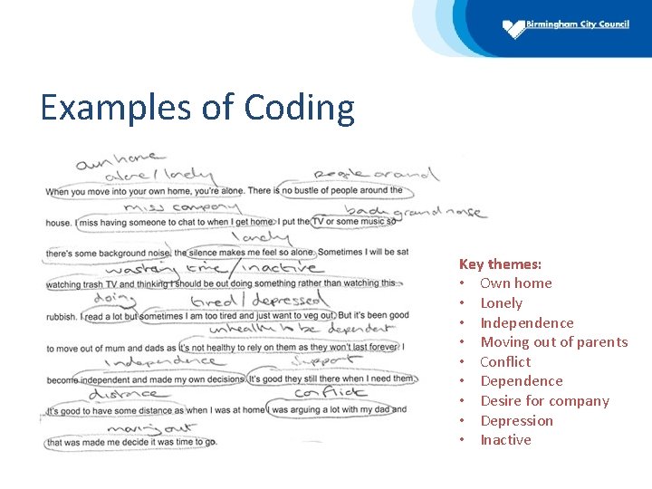 Examples of Coding Key themes: • Own home • Lonely • Independence • Moving