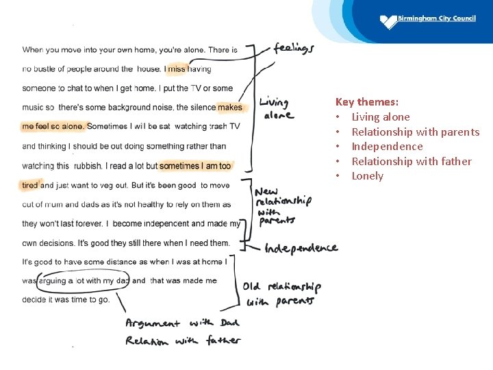 Key themes: • Living alone • Relationship with parents • Independence • Relationship with