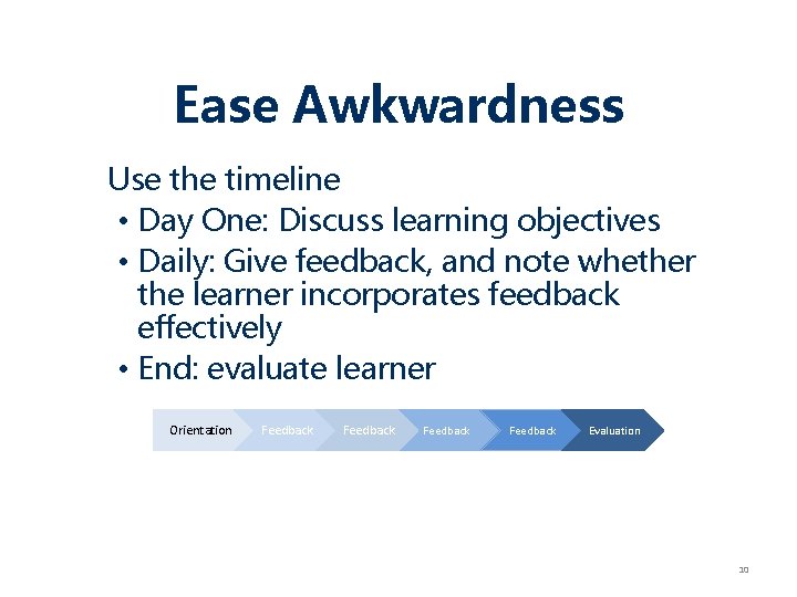 Ease Awkwardness Use the timeline • Day One: Discuss learning objectives • Daily: Give