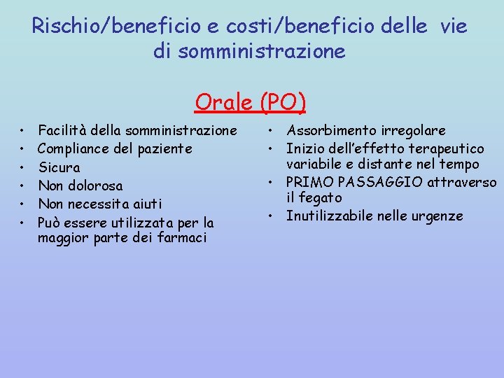 Rischio/beneficio e costi/beneficio delle vie di somministrazione Orale (PO) • • • Facilità della