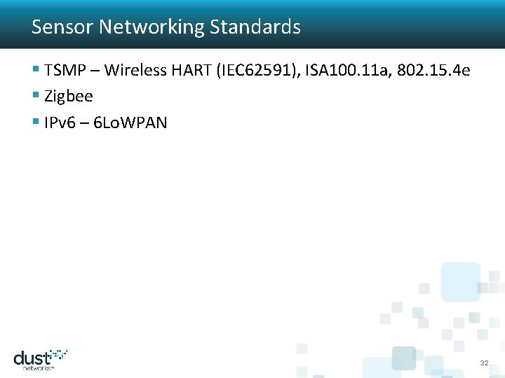 Sensor Networking Standards § TSMP – Wireless HART (IEC 62591), ISA 100. 11 a,