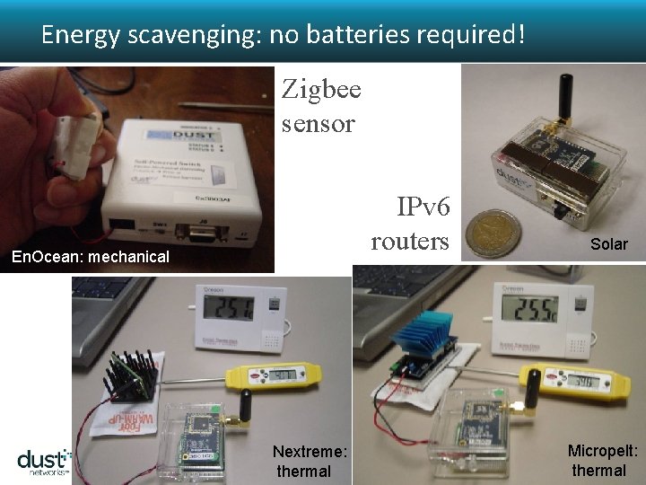 Energy scavenging: no batteries required! Zigbee sensor IPv 6 routers En. Ocean: mechanical Nextreme: