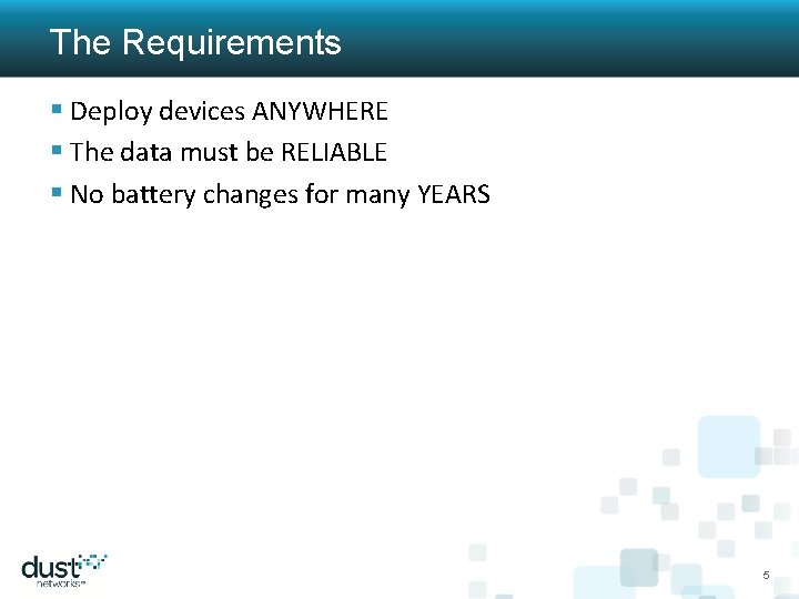 The Requirements § Deploy devices ANYWHERE § The data must be RELIABLE § No