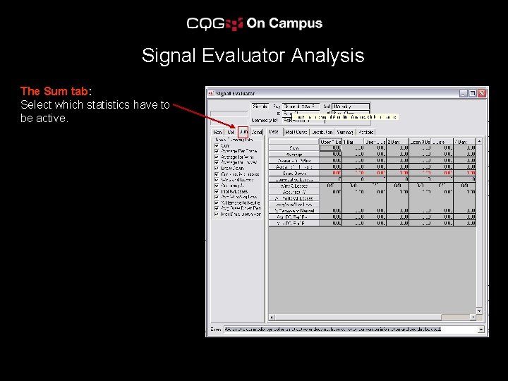 Signal Evaluator Analysis The Sum tab: Select which statistics have to be active. 
