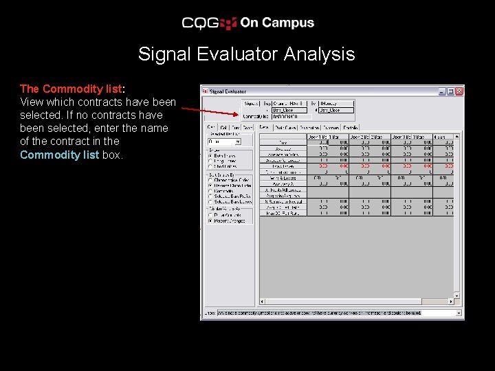 Signal Evaluator Analysis The Commodity list: View which contracts have been selected. If no