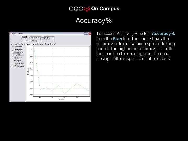 Accuracy% To access Accuracy%, select Accuracy% from the Sum tab. The chart shows the