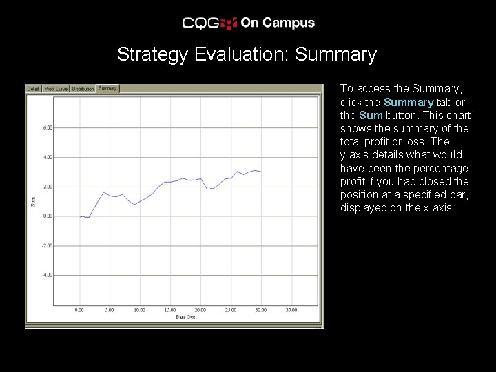 Strategy Evaluation: Summary To access the Summary, click the Summary tab or the Sum