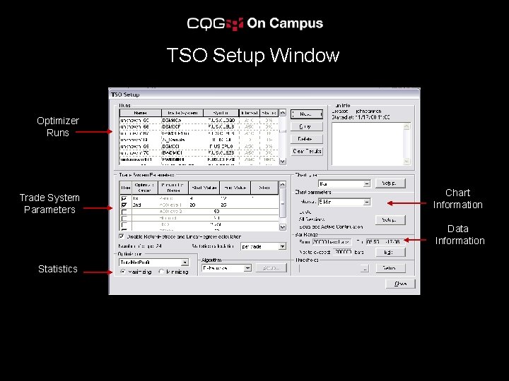 TSO Setup Window Optimizer Runs Trade System Parameters Chart Information Data Information Statistics 