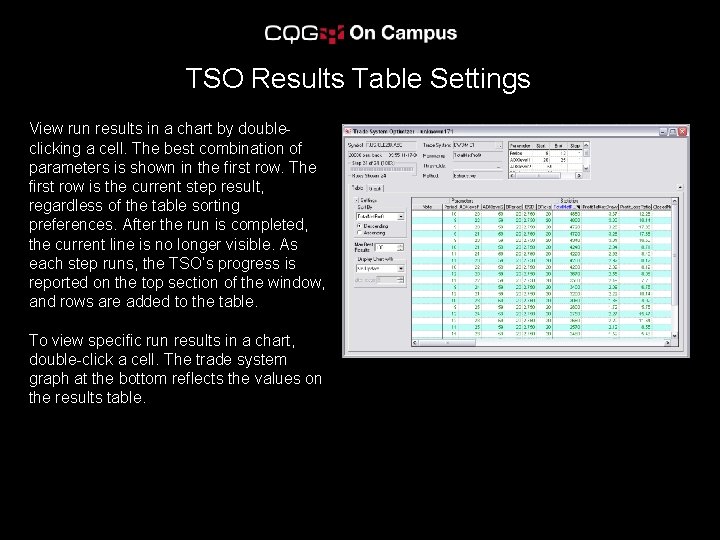 TSO Results Table Settings View run results in a chart by doubleclicking a cell.
