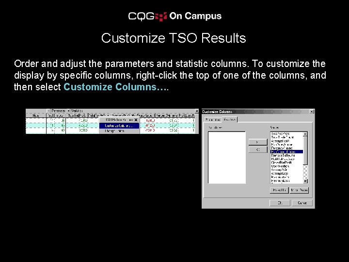 Customize TSO Results Order and adjust the parameters and statistic columns. To customize the