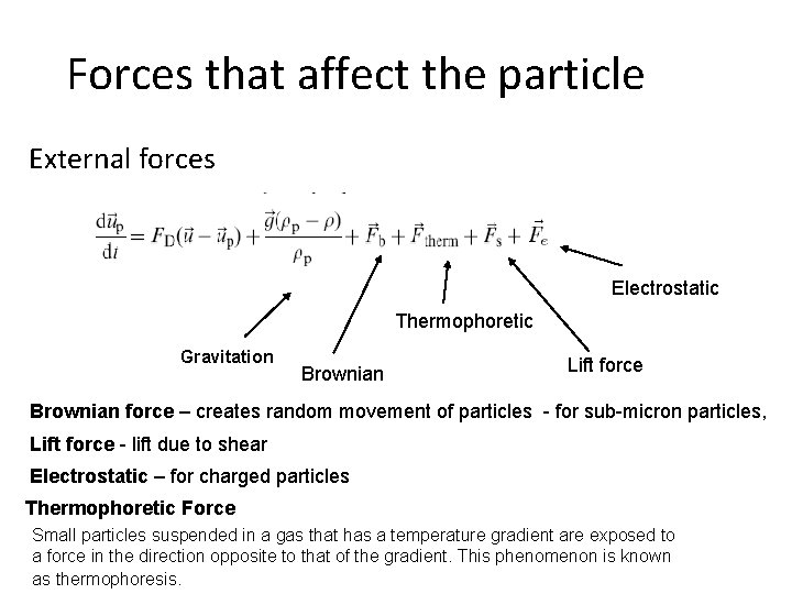 Forces that affect the particle External forces Electrostatic Thermophoretic Gravitation Brownian Lift force Brownian