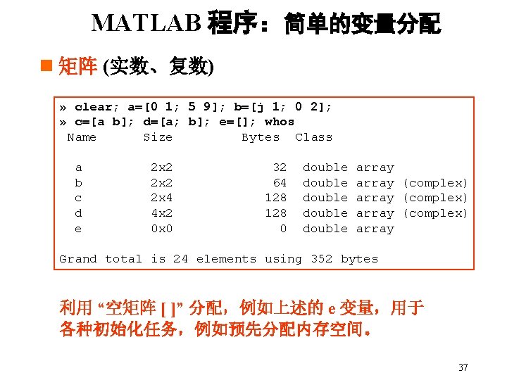 MATLAB 程序：简单的变量分配 n 矩阵 (实数、复数) » clear; a=[0 1; 5 9]; b=[j 1; 0