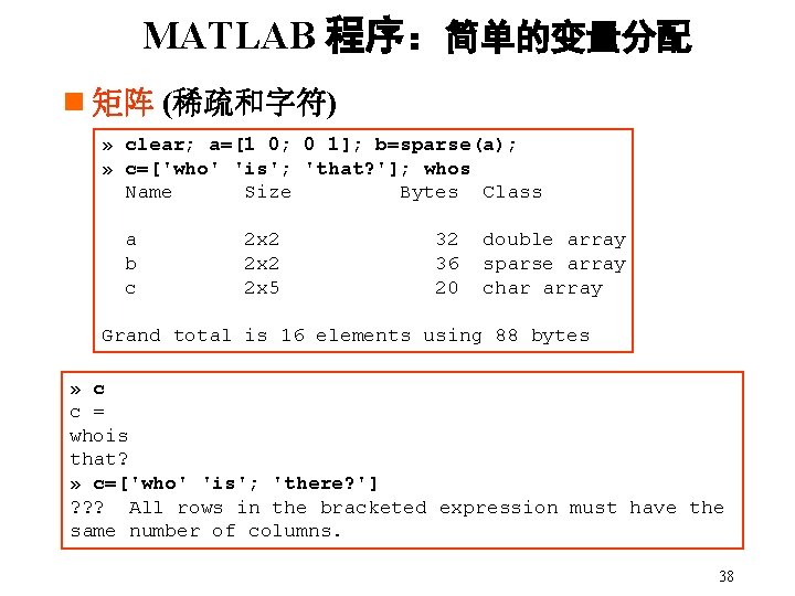 MATLAB 程序：简单的变量分配 n 矩阵 (稀疏和字符) » clear; a=[1 0; 0 1]; b=sparse(a); » c=['who'