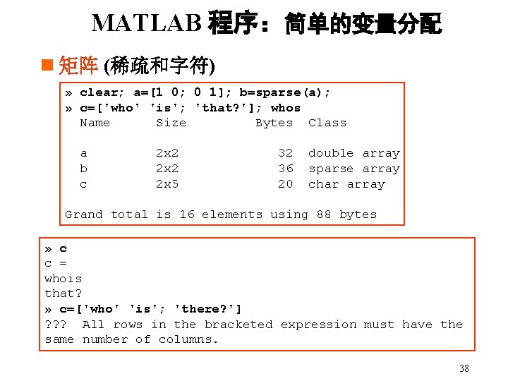 MATLAB 程序：简单的变量分配 n 矩阵 (稀疏和字符) » clear; a=[1 0; 0 1]; b=sparse(a); » c=['who'