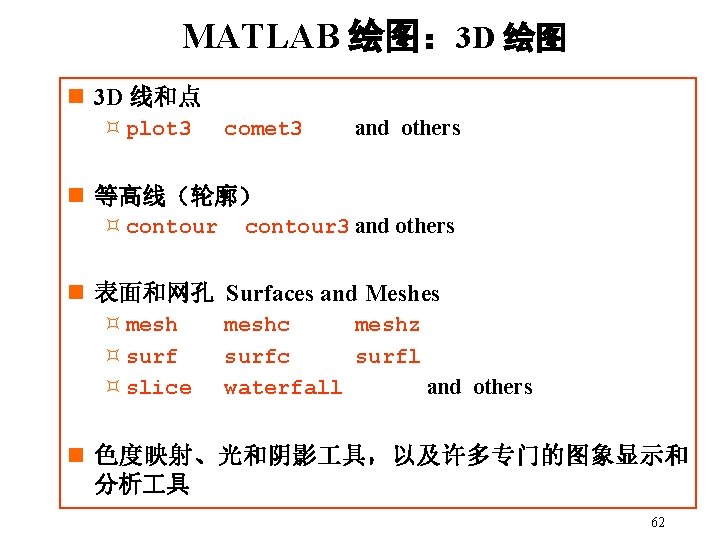 MATLAB 绘图: 3 D 绘图 n 3 D 线和点 ³ plot 3 comet 3 MATLAB 绘图: 3 D 绘图 n 3 D 线和点 ³ plot 3 comet 3