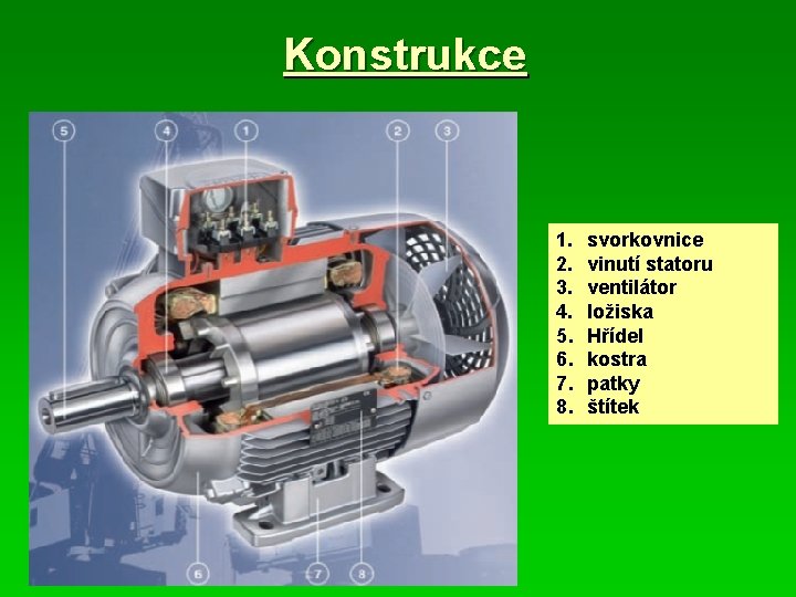 Konstrukce 1. 2. 3. 4. 5. 6. 7. 8. svorkovnice vinutí statoru ventilátor ložiska