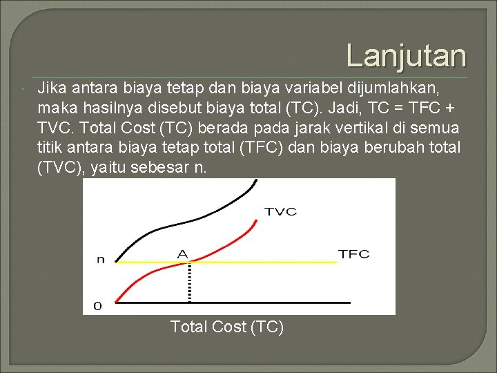 Lanjutan Jika antara biaya tetap dan biaya variabel dijumlahkan, maka hasilnya disebut biaya total