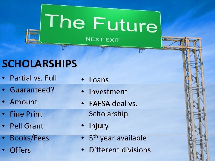 SCHOLARSHIPS • • Partial vs. Full Guaranteed? Amount Fine Print Pell Grant Books/Fees Offers