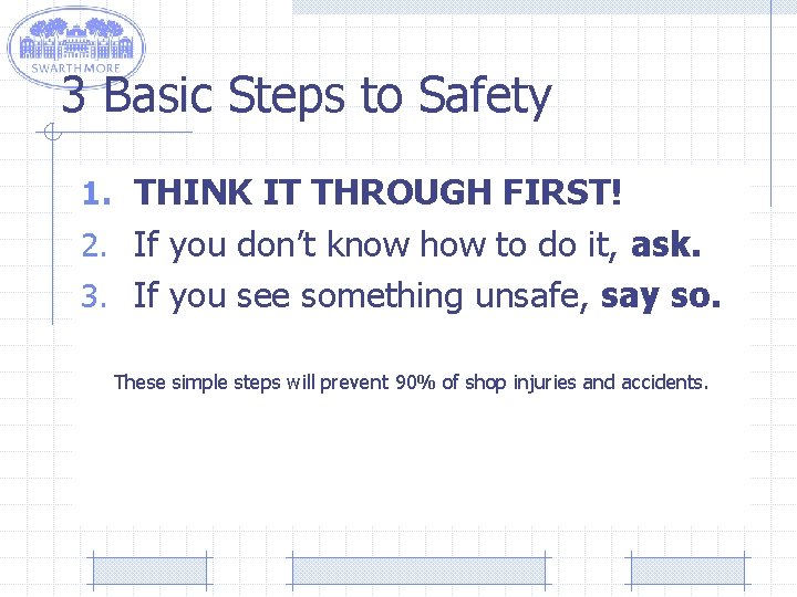 3 Basic Steps to Safety 1. THINK IT THROUGH FIRST! 2. If you don’t