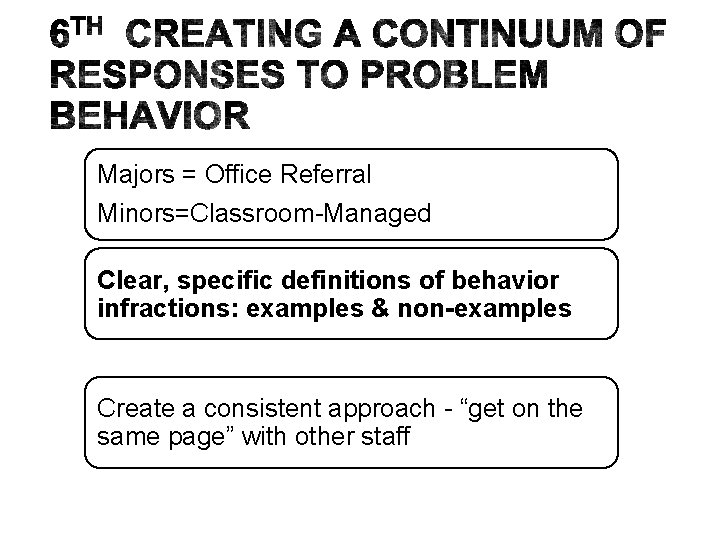 Majors = Office Referral Minors=Classroom-Managed Clear, specific definitions of behavior infractions: examples & non-examples