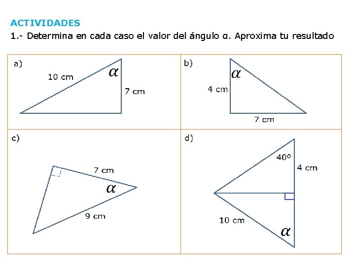 ACTIVIDADES 1. - Determina en cada caso el valor del ángulo α. Aproxima tu
