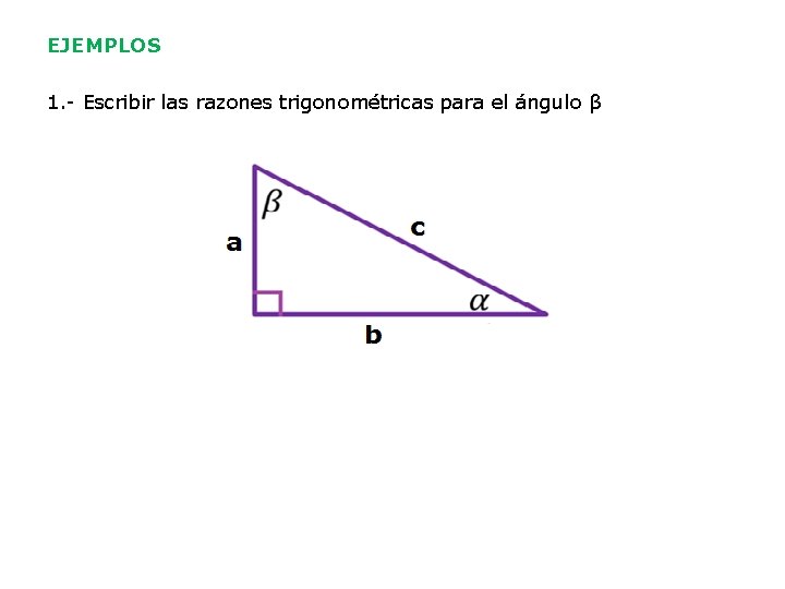 EJEMPLOS 1. - Escribir las razones trigonométricas para el ángulo β 