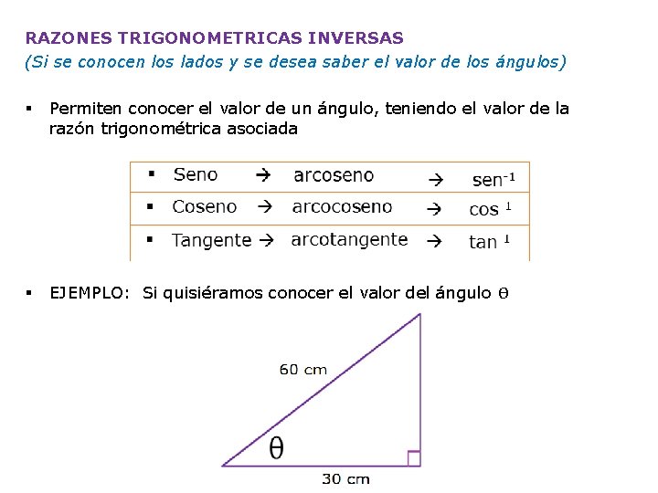 RAZONES TRIGONOMETRICAS INVERSAS (Si se conocen los lados y se desea saber el valor