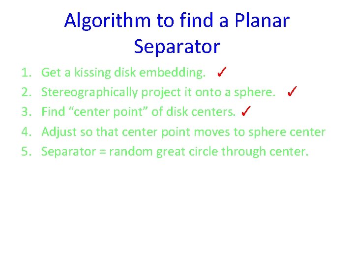 Algorithm to find a Planar Separator 1. 2. 3. 4. 5. Get a kissing