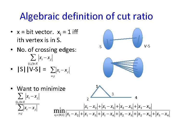 Algebraic definition of cut ratio • x = bit vector. xi = 1 iff