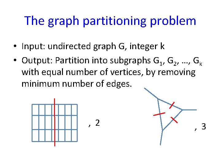 The graph partitioning problem • Input: undirected graph G, integer k • Output: Partition