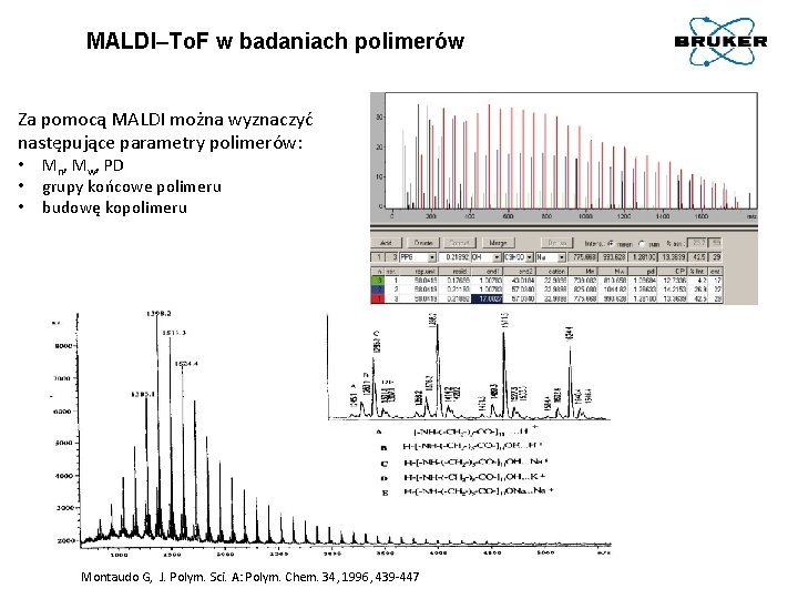 MALDI–To. F w badaniach polimerów Za pomocą MALDI można wyznaczyć następujące parametry polimerów: •