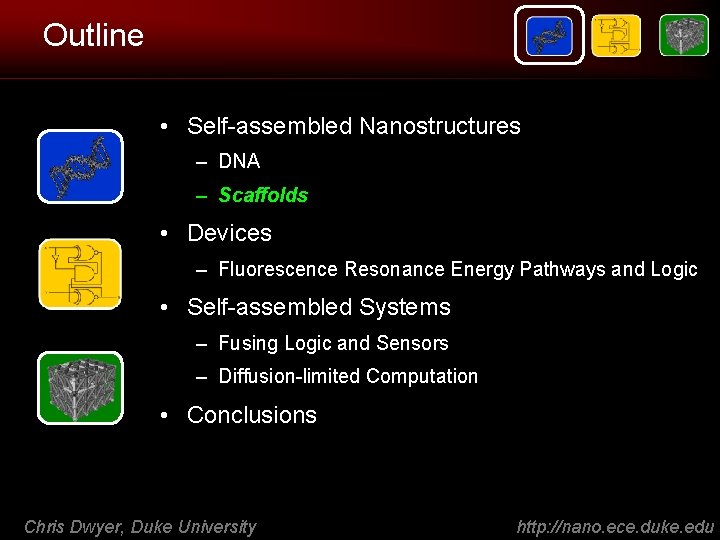 Outline • Self-assembled Nanostructures – DNA – Scaffolds • Devices – Fluorescence Resonance Energy