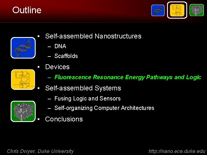 Outline • Self-assembled Nanostructures – DNA – Scaffolds • Devices – Fluorescence Resonance Energy