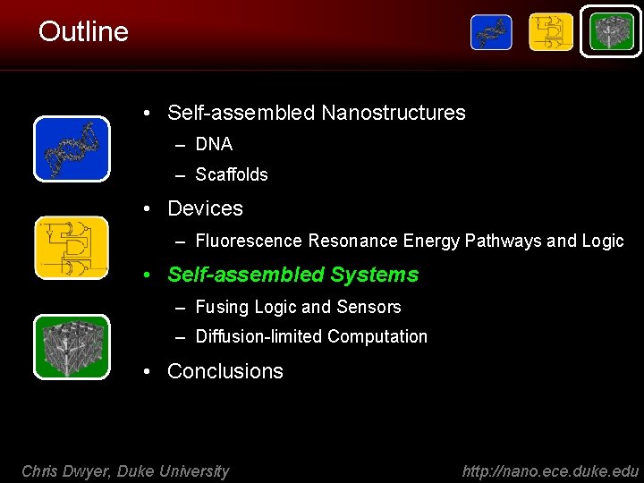 Outline • Self-assembled Nanostructures – DNA – Scaffolds • Devices – Fluorescence Resonance Energy